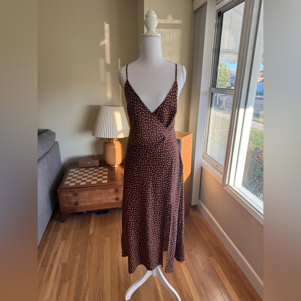Urban Outfitters Brown Polka Dot Wrap Midi Dress | Size M